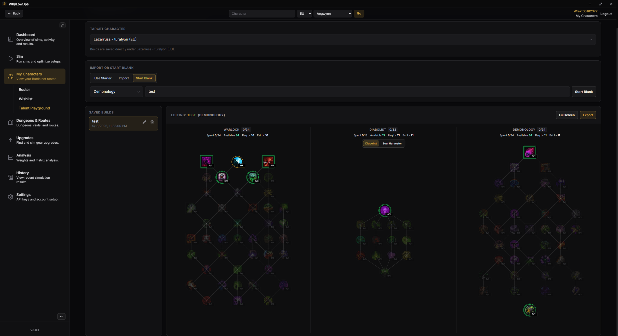 Talent playground view for saved character builds and specialization trees.