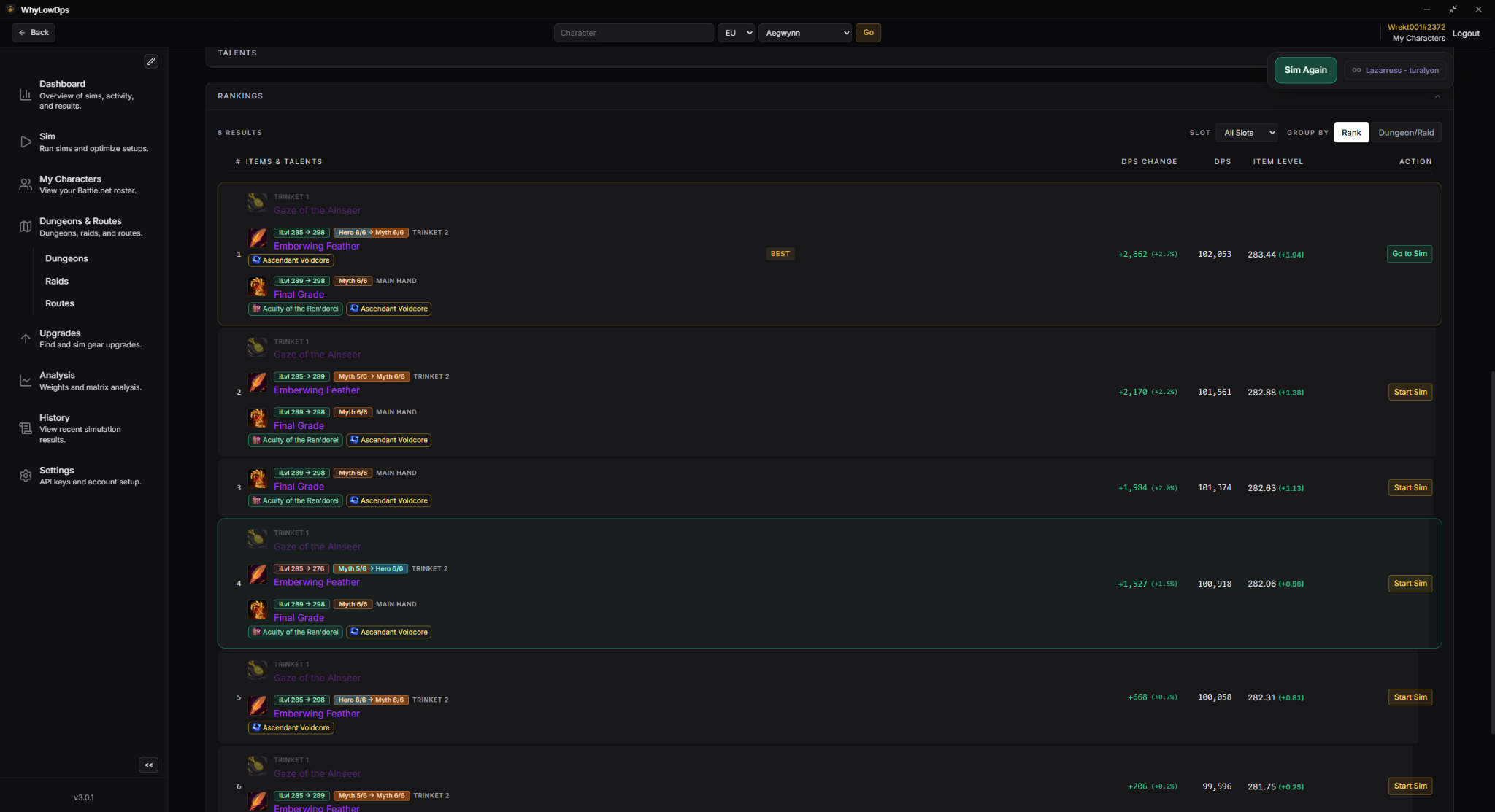 WhyLowDPS Top Gear results showing ranked item and talent combinations with DPS changes.