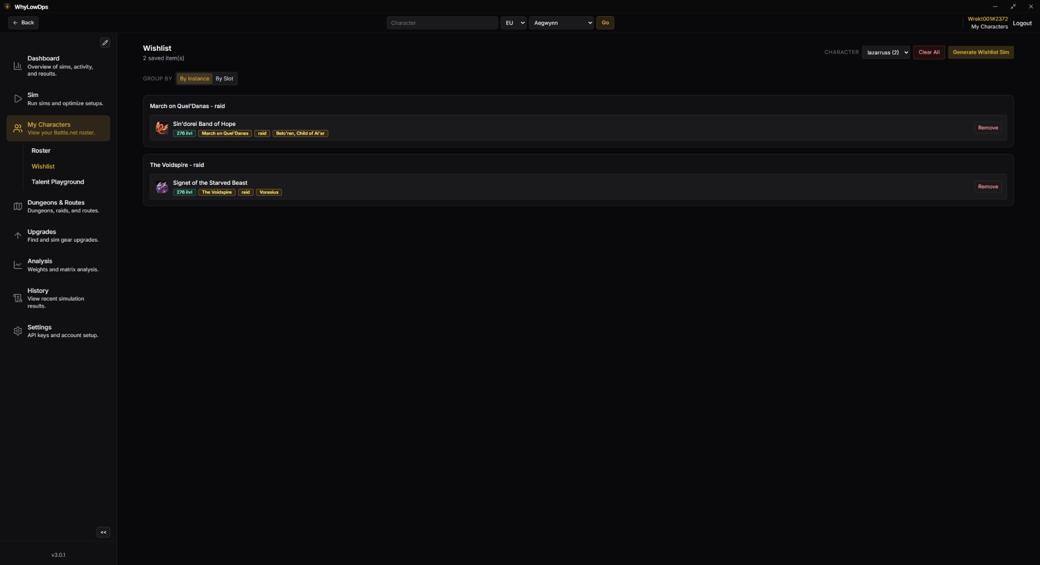 Wishlist page showing desired items grouped by instance for a selected character.
